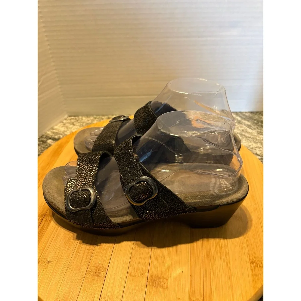 Dansko Womens Black Metallic Leopard Print Leather Wedge Slide Sandals Buckle